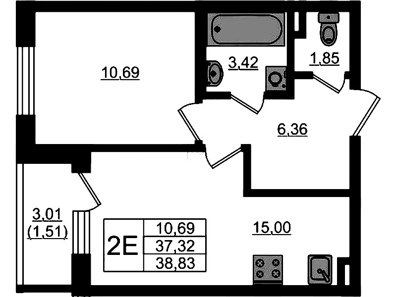 1-комнатная квартира 38.83 м², 1/4 эт., ЖК «Новая история»